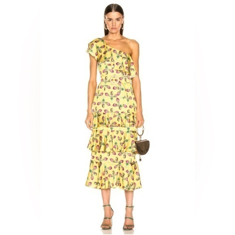RARE PATBO One Shoulder Tiered Ruffle Midi Dress Bright Yellow Raffia Buckle 0